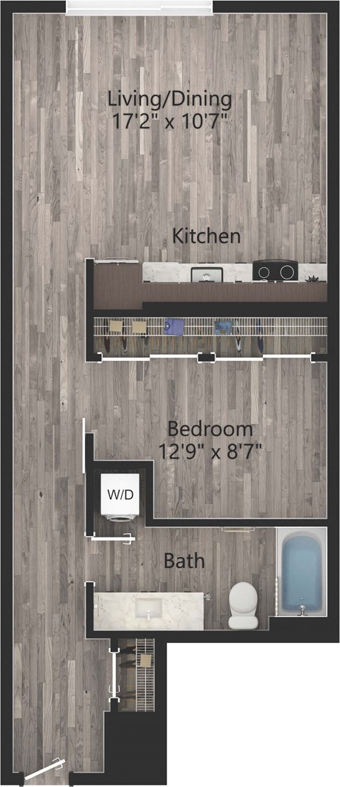 Floor plan for 1 bed, 1 bath, 694 sqft